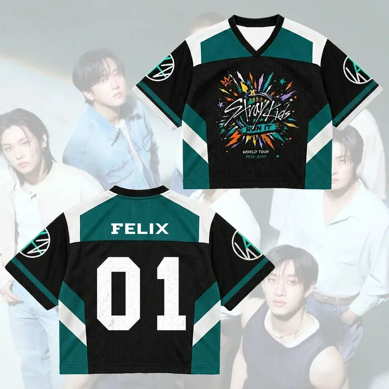 Kpop STRAYKIDS Felix 01 # Camiseta corta de jersey con cuello en V de la gira Run It World, tops de cosplay, camiseta de estilo urbano para fans de conciertos, para niños y adultos.