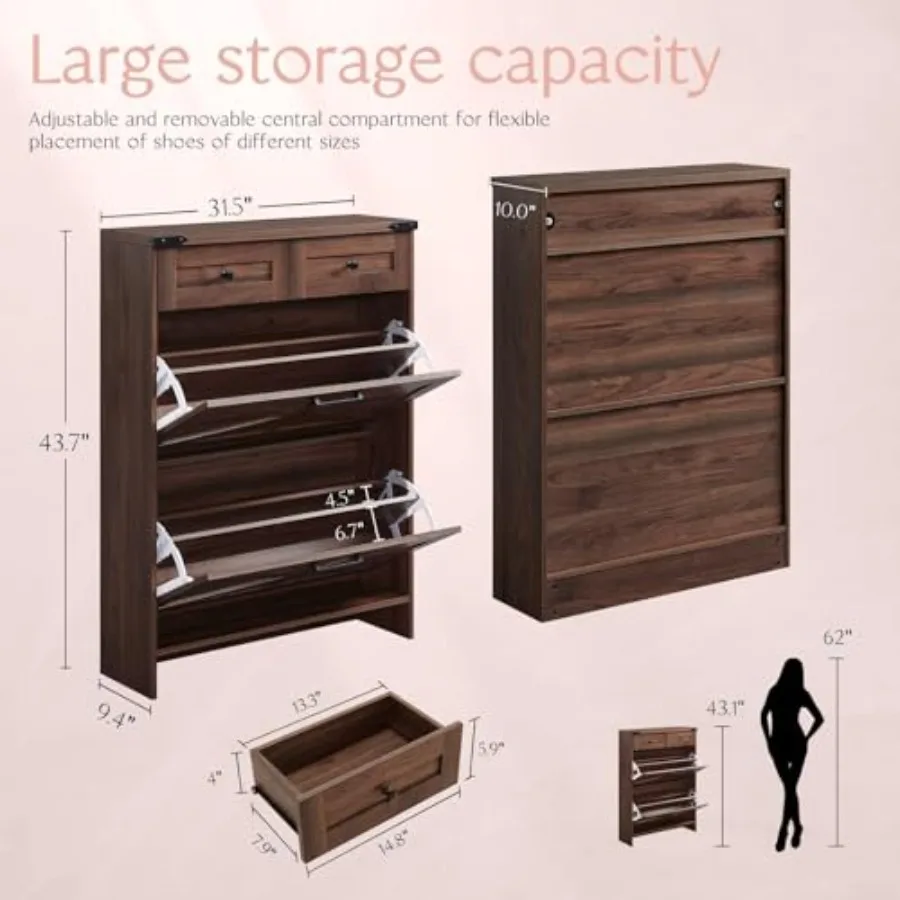 Farmhouse shoe cabinet for entryway use, made of engineered wood in white finish, featuring 2 flip drawers and 2 storage drawer