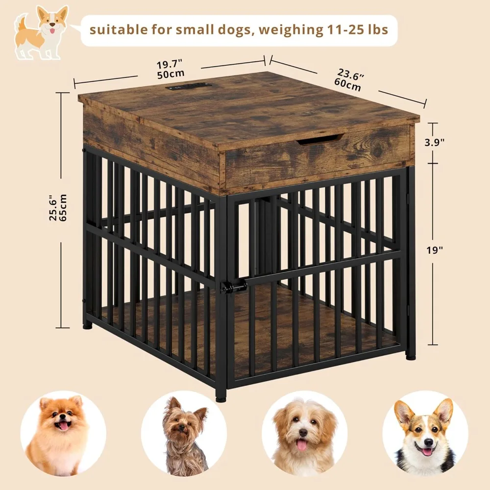 Móveis para cães pequenos, canil de madeira para cães com gaveta superior, mesa final interna para animais de estimação com estação de carregamento, s