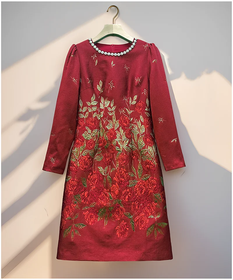 ZJYT Runway 2025 Spring Floral Jacquard Dress Women Long Sleeve Elegant Vintage Beading Red Party Dresses Vestidos Para Mujer