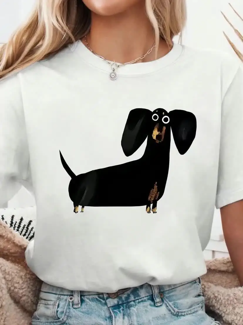 لطيف الأسود السجق الكلب مضحك مطبوعة المرأة تي شيرت قصير الأكمام طاقم الرقبة الأعلى لفصل الصيف المرأة Harajuku ملابس كاجوال