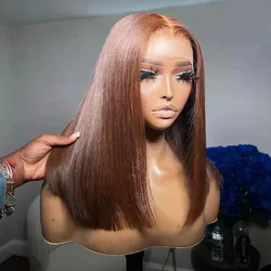 Peluca de cabello humano liso con encaje frontal, pelo corto Bob brasileño predespuntado, color marrón Chocolate, HD 200%