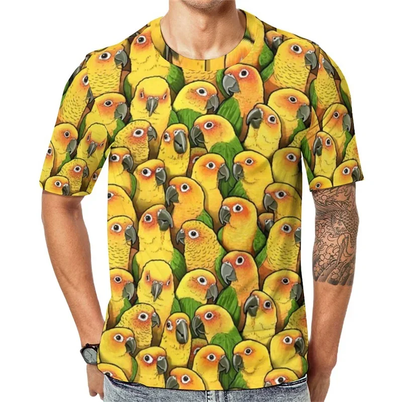 Men's short sleeve t-shirt with funny parrot pattern, 3D college t-shirt, Harajuku casual wear, birds, animals,