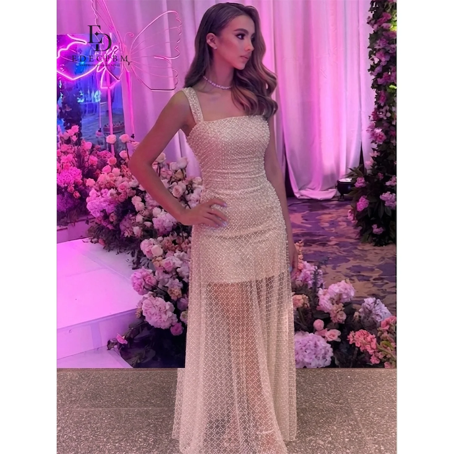 

EDECPBM Tulle Square Collar Champagne Straight Evening Dress 2026 Prom Dress Elegant Sequined Customized платье вечернее