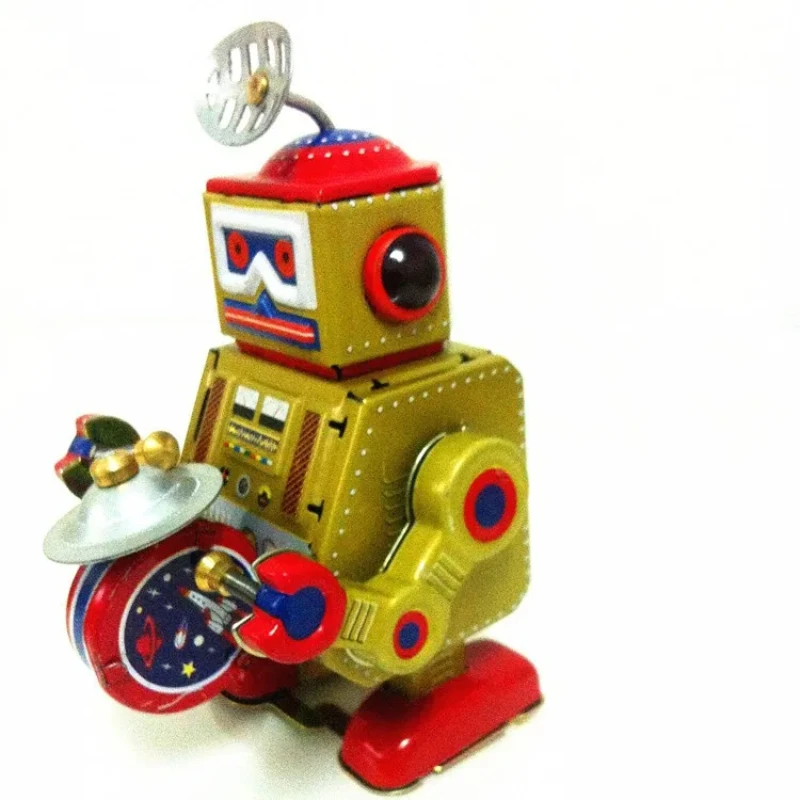 

[Funny] Classic collection Retro Clockwork Wind up Metal Walking Tin Band Play gong drum robot recall Mechanical toy kids gift