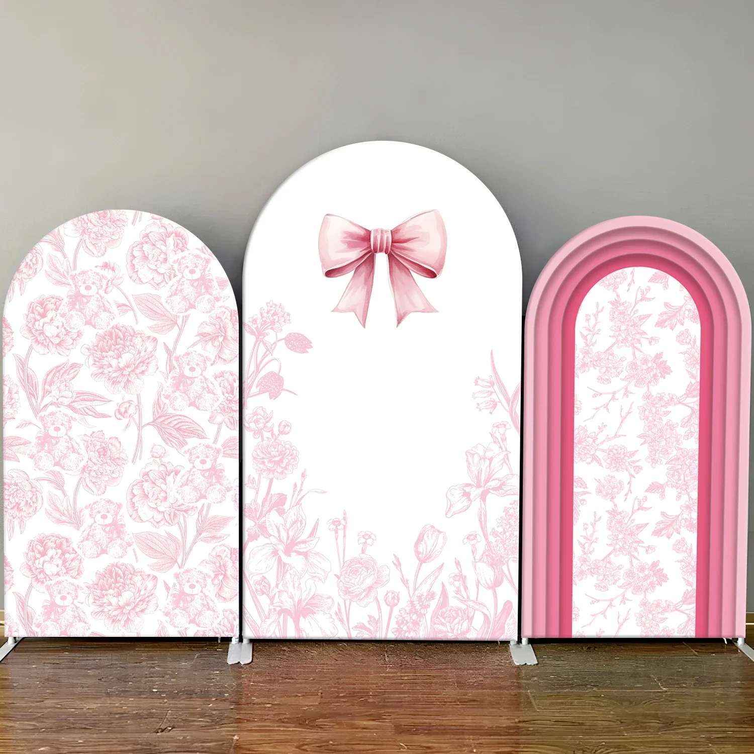 Girl's Birthday Arch-Shaped Background Cover With Pink Bow Tie Theme for Baby Shower Party Decoration Photography Background view 4