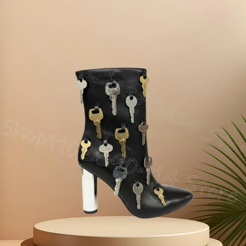 

Metal Key Design Black Pointed Toe Boots Side Zipper Women Shoes Chunky High Heels Novel Party Banquet 2025 Zapatos Para Mujere