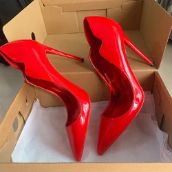 Heelgoo Glossy Red Women Fashion Pointy Toe High Heel Shoes Sexy Elegant V Cut Red for Wedding Simple Plain Stiletto Pumps 12cm