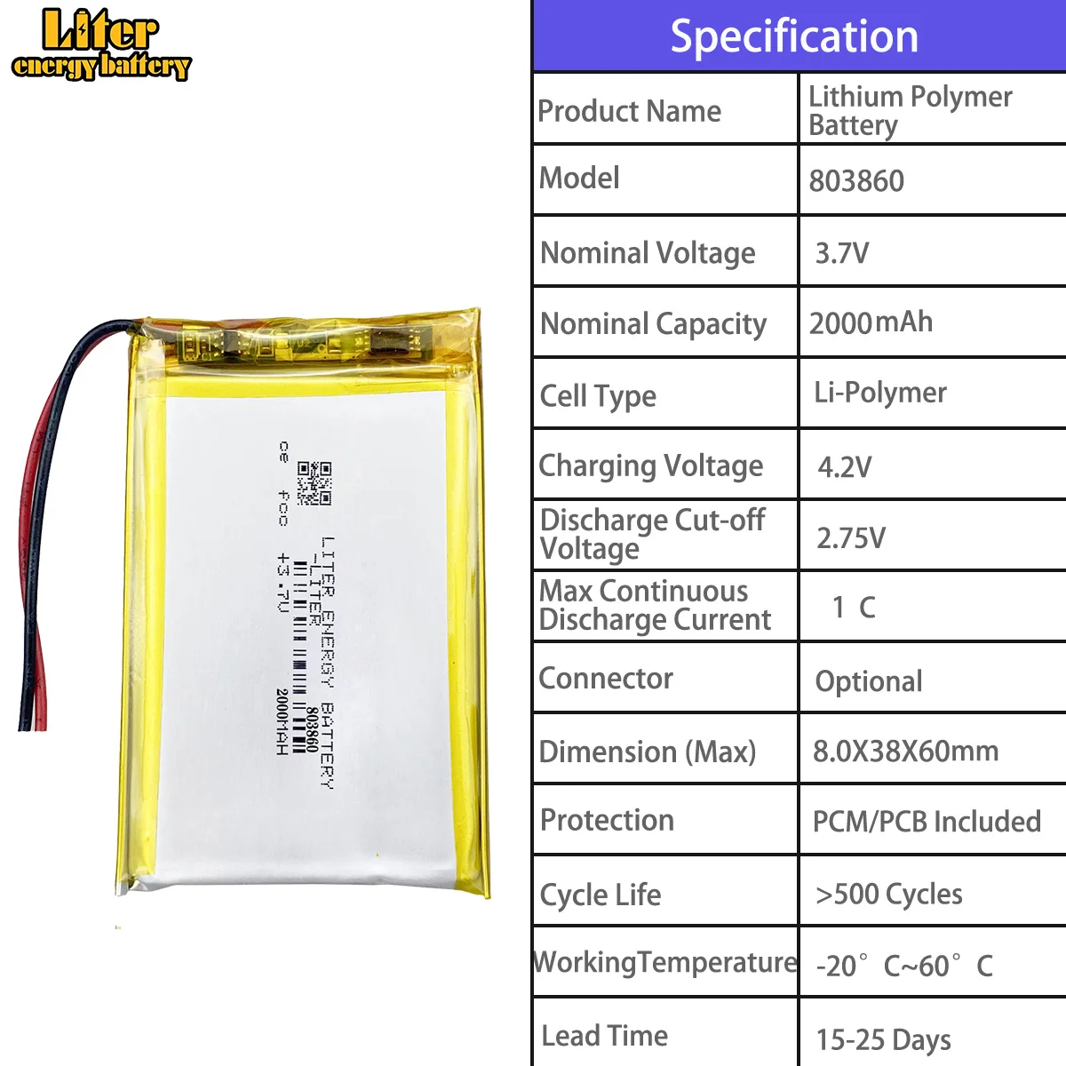 803759 2000mah 803860 2000mah 804050 2000mah 805050 2500mah 805060 3000mah 3.7V polymer lithium battery