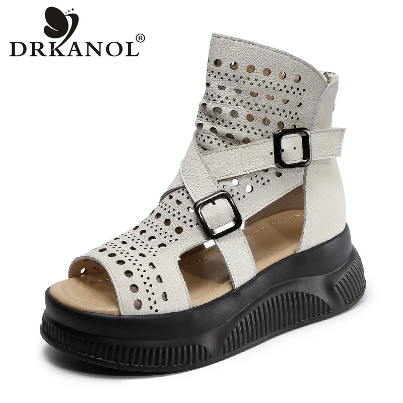 

DRKANOL Height Increasing Wedges Sandals Women Summer Cool Boots Genuine Leather Open Toe Platform Back Zipper Roman Sandals