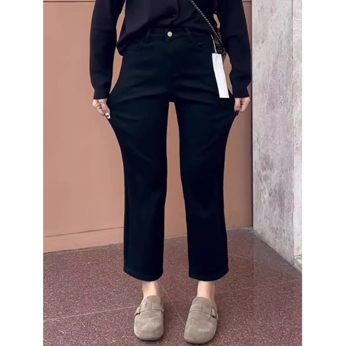 

Женские джинсы больших размеров с прямыми штанинами на подкладке Fce, брюки со средней талией, смесь хлопка и полиэстера, осень-зима