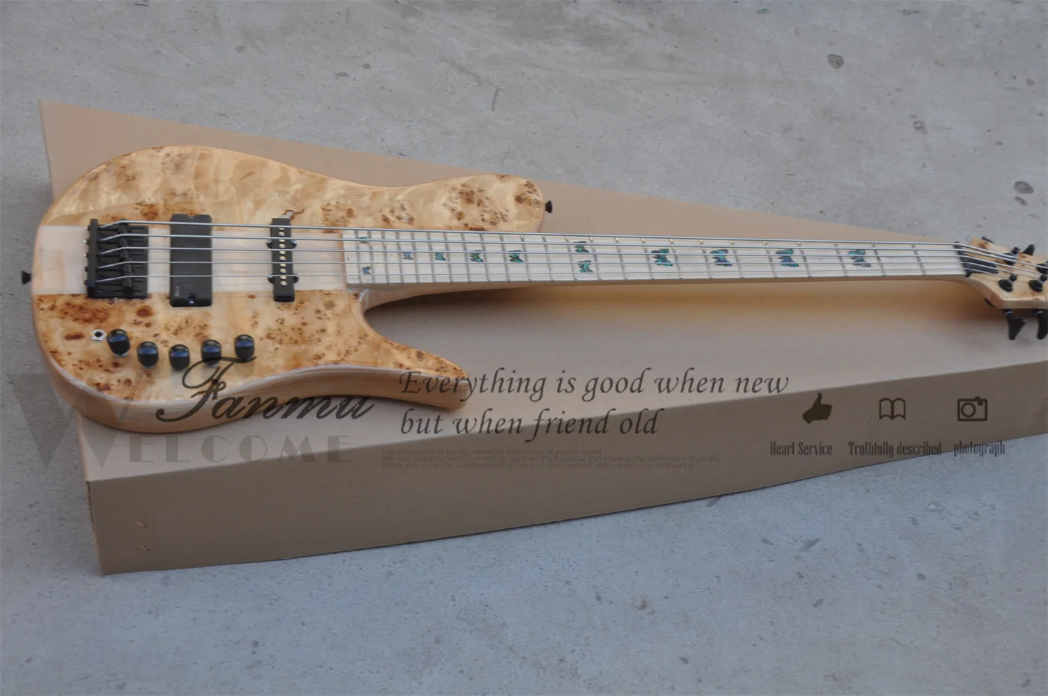 5 Strings Bass Guitar Fode Bass ASH Wood Body Burl Maple Top Maple Fingerboard  Butterfly Inlay Neck Through Body Acitve Battery