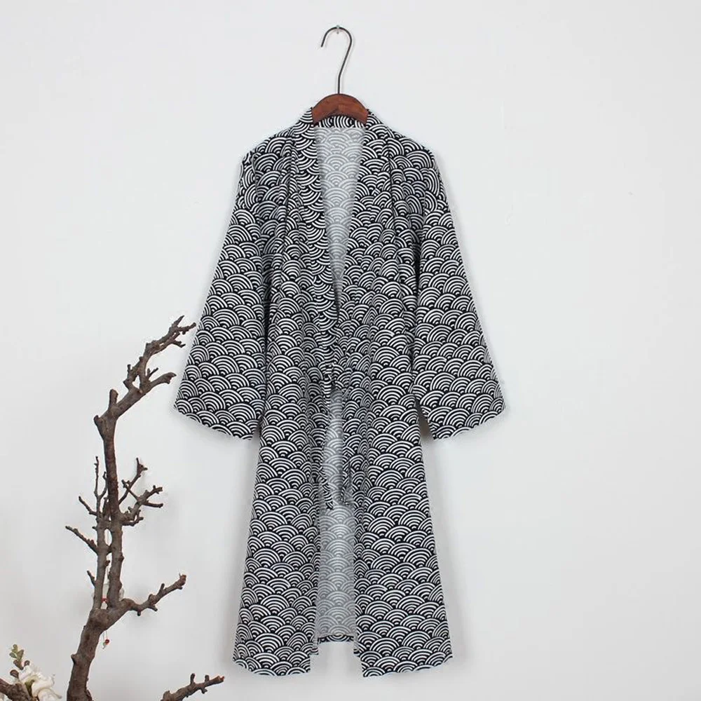 Cozy and Stylish Cotton Mens Kimono Yukata Robe Gown Nightwear Bathrobe Loose Fit Japanese Style Cozy Pattern (Gray)