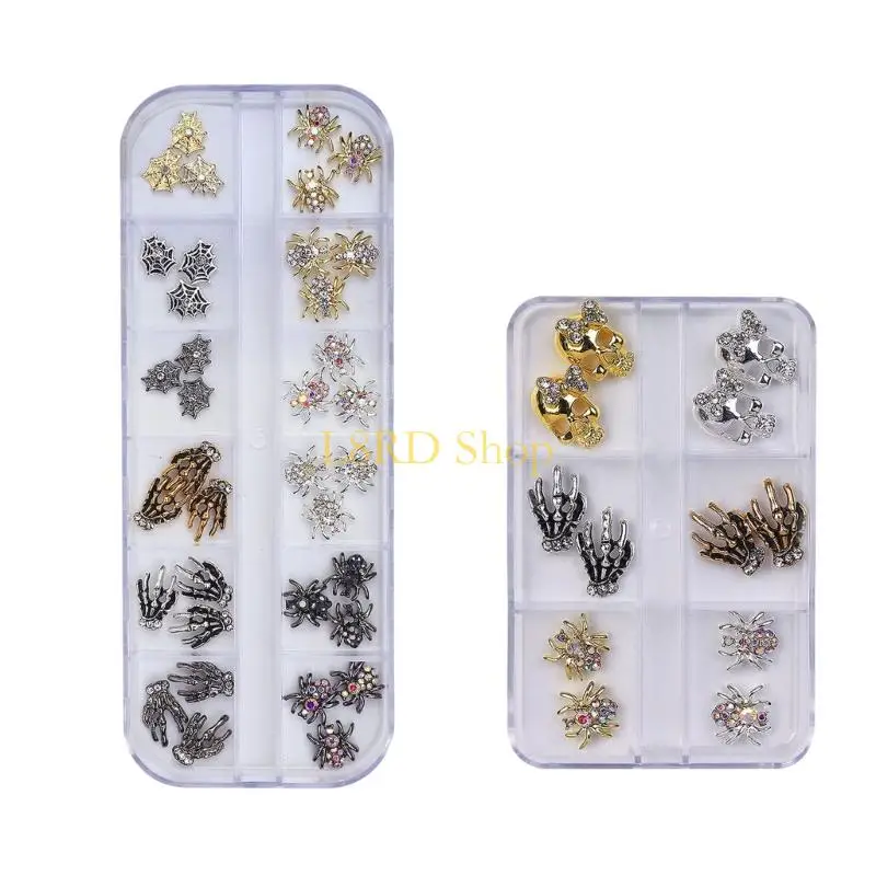 L8RD 두개골 네일 아트 매력 유령 스켈레톤 펑크 핸드 네일리노이 스톤즈 3D 네일 장식