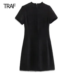 TRAF Mini Textured Dress Womens Dresses Autumn Winter Black O-Neck Short Sleeves Dresses Elegant Party Dresses For Women Luxury