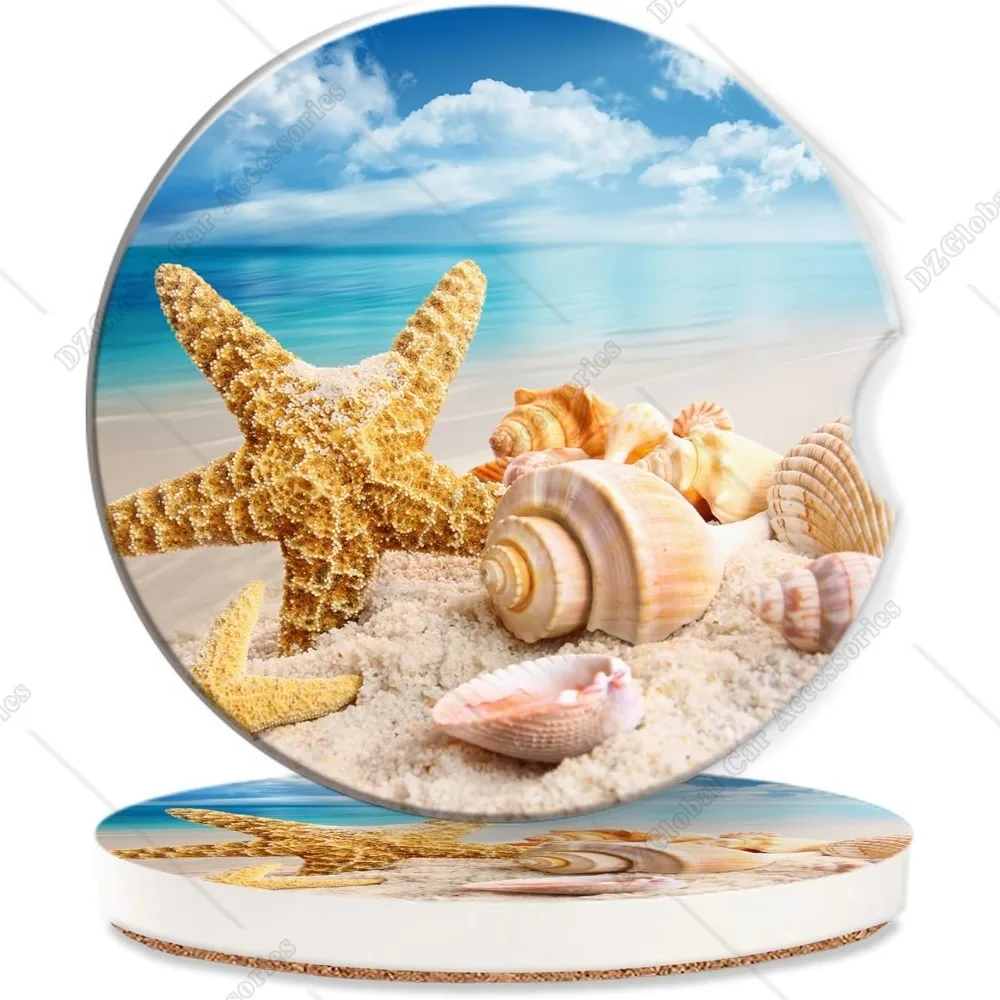 Beach Starfish Shells Car Coasters for Women 2 Pack Blue Ocean Absorbent Car Coasters for Cup Holders Insert Ceramic Anti Slip