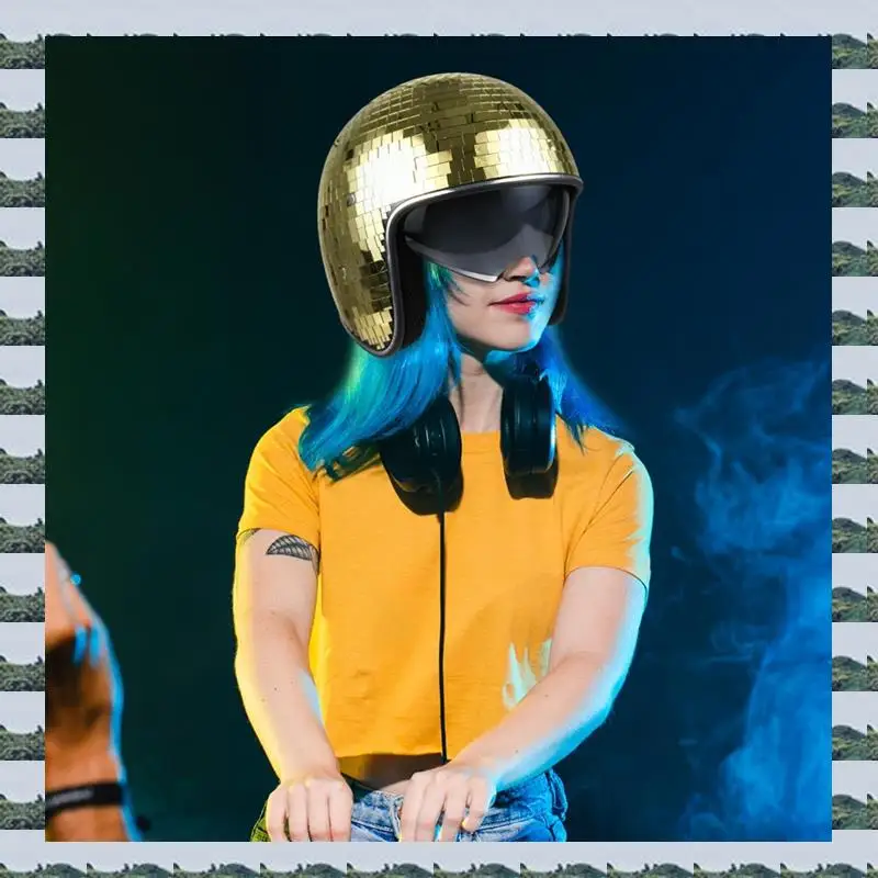 ABQR Casco da discoteca con visiera retrattile Casco da discoteca in vetro con specchio glitterato Punk per feste in club