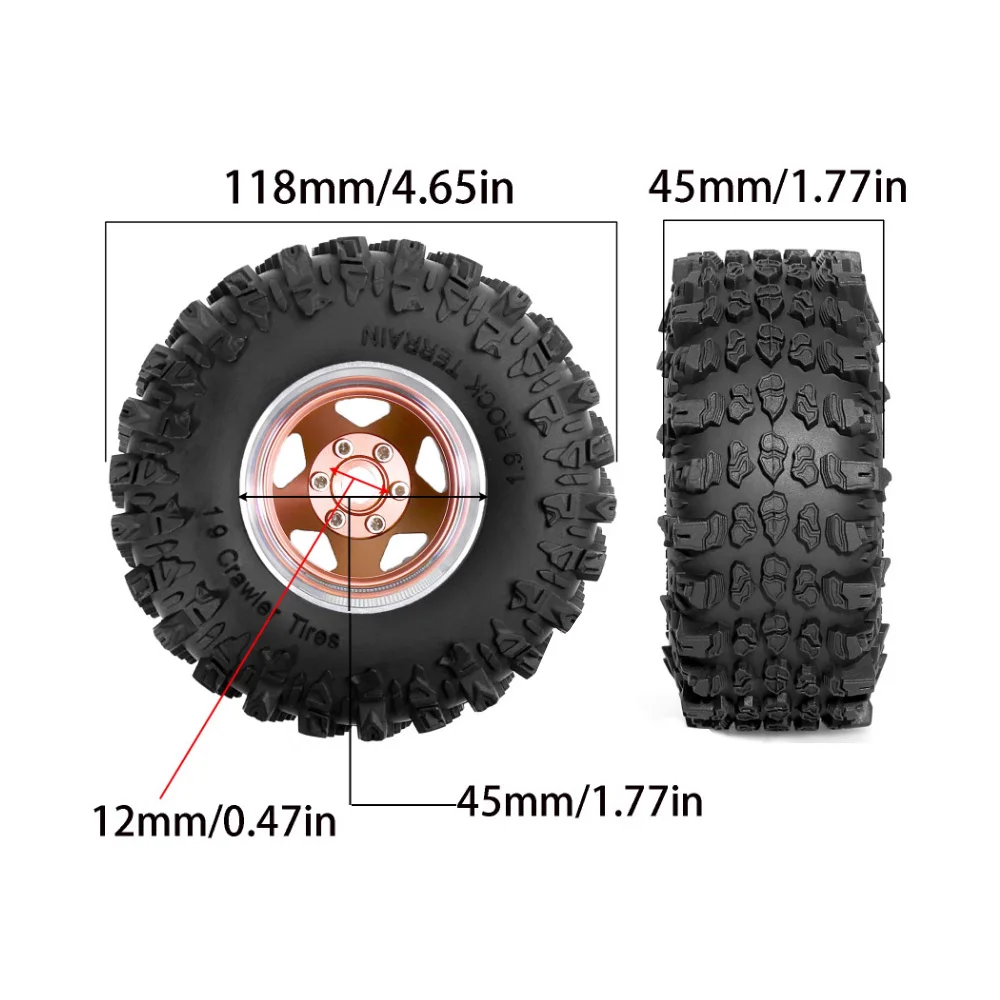 Juego de neumáticos para coche de escalada Rc de 2,2 pulgadas, neumáticos de barro de carcasa blanda de alta viscosidad, llantas hexagonales de aleación de aluminio de 12 mm, adecuadas para coches de control remoto a escala Trx4/Scx10/Gen8 1/10
