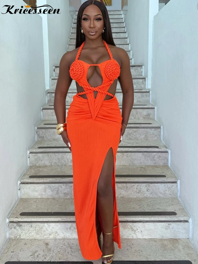 Kricessen Piękna Sukienka Maxi Damska Letnia z Wycięciami, Marszczeniami i Wysokim Rozcięciem w Stylu Tropic Criss Cross, Sukienka Bandage na Wakacje