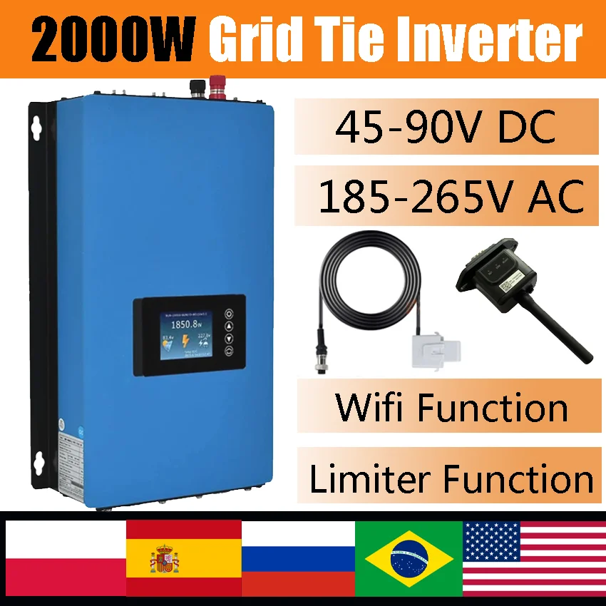 2000W Solar Grid Tie Inverter DC 45V-90V Charge From Solar Panel Or Battery On Grid Tie With WIFI Limiter AC 220V 230V 2KW