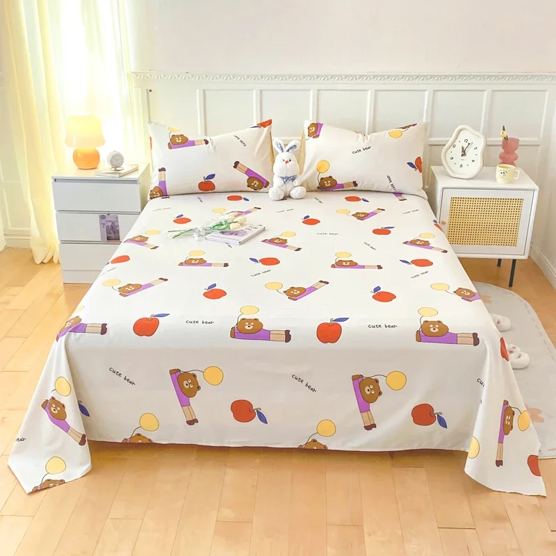 Cute Bear 100% Cotton Bed Sheet Set Plaid Pattern Cartoon Theme Flat Sheets with 2 Pillowcases Breathable Soft Bedding Set