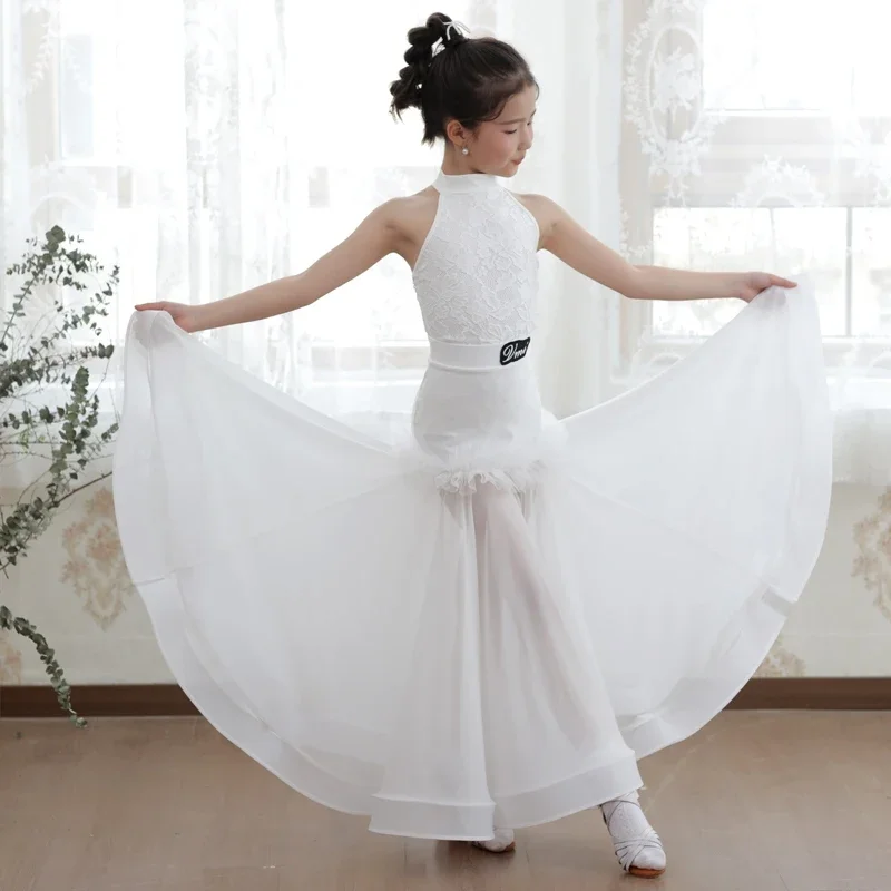 

2025 New Girl White Lace Mesh Ballroom Dance Suit Waltz Tango Modern Dance Standard Competition Dress Children Dancewear