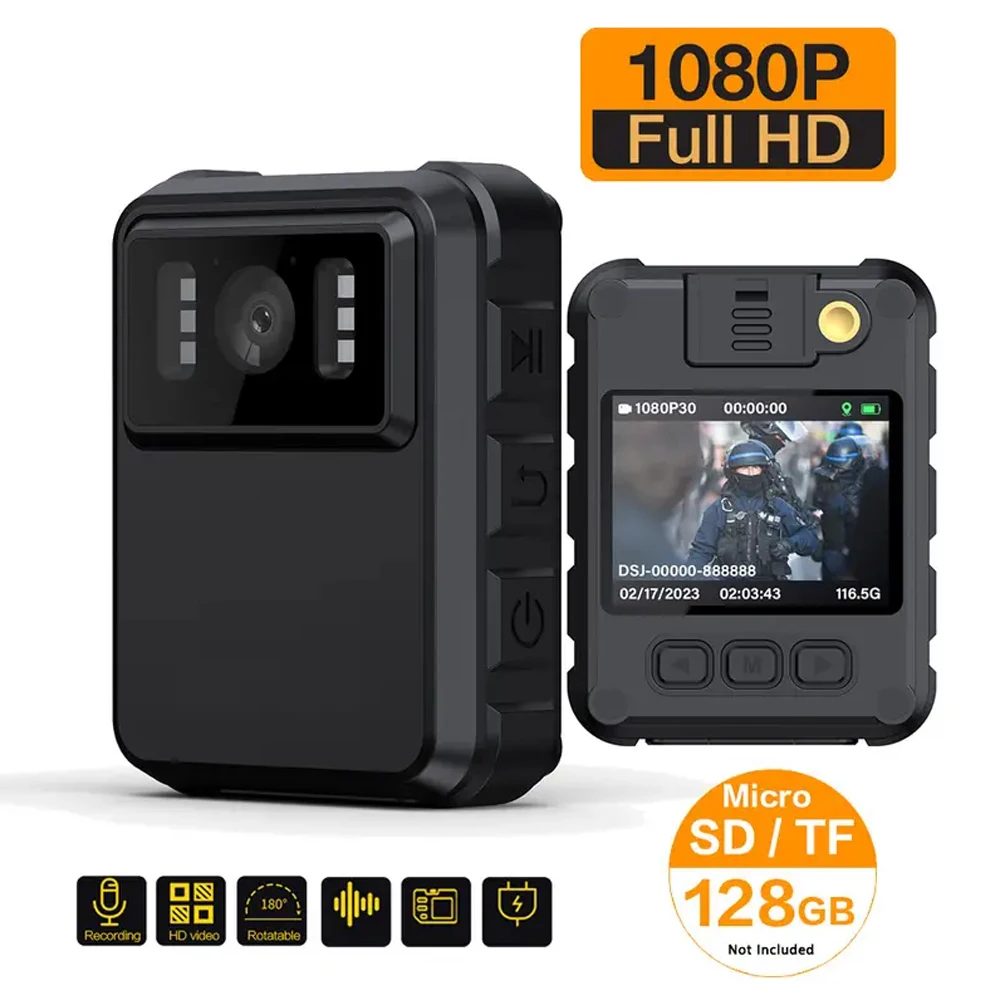 

2024 Mini Body Camera Portable IP65 Waterproof Mounted Cam 2 Screen Body Bike Clip Wearable 128GB Law Enforcement Recorder