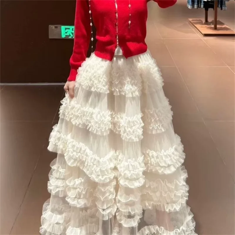 

Elastic High Waist A-line Cake Skirts Elegant Lady Holiday Style Women's Mesh Skirt Midi Length Female Ruffles Long Skirt