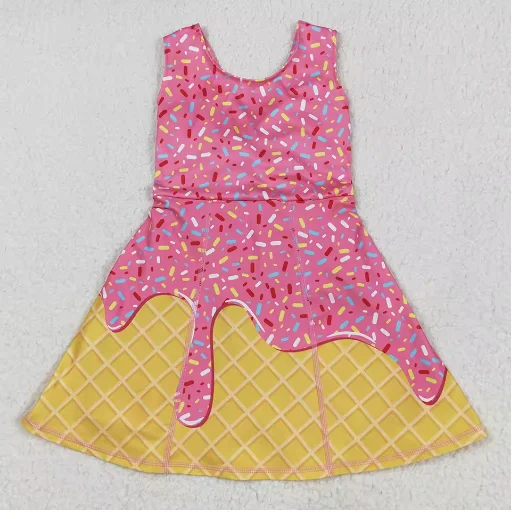 مجموعة ملابس رياضية للفتيات بطبعات آيس كريم بدون أكمام، ملابس رياضية من نسيج النايلون اللدنة القابلة للتمدد للصالة الرياضية للأطفال #4