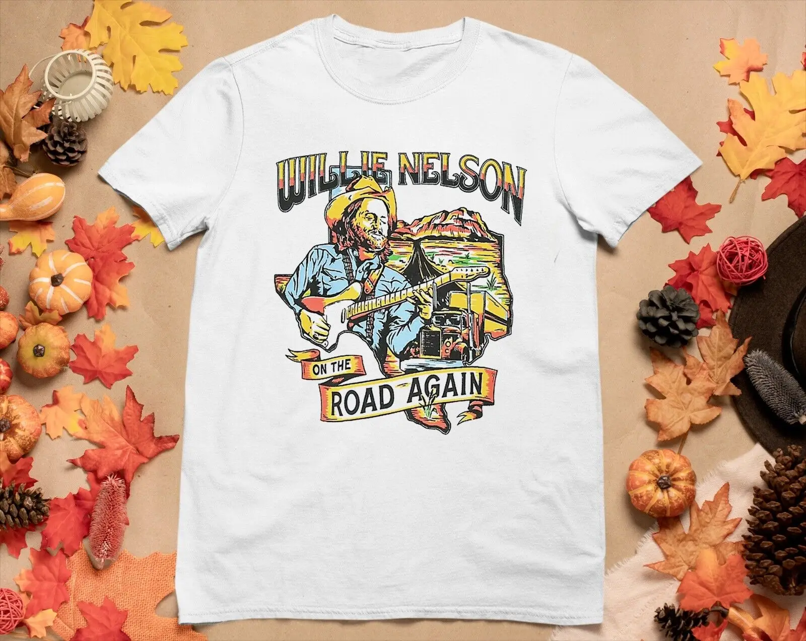 

Vintage Willie Nelson Road Again T-Shirt White Cotton Gift Fans Music All Size