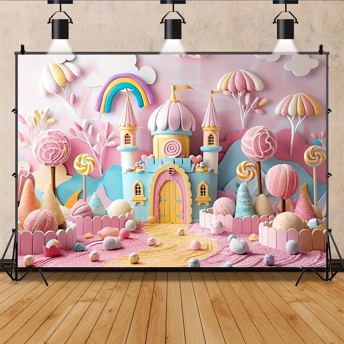 Candy Land 3D Background - Rainbow Castle with Ice cream, birthday party with colorful fantasy Wonderland, durable photography