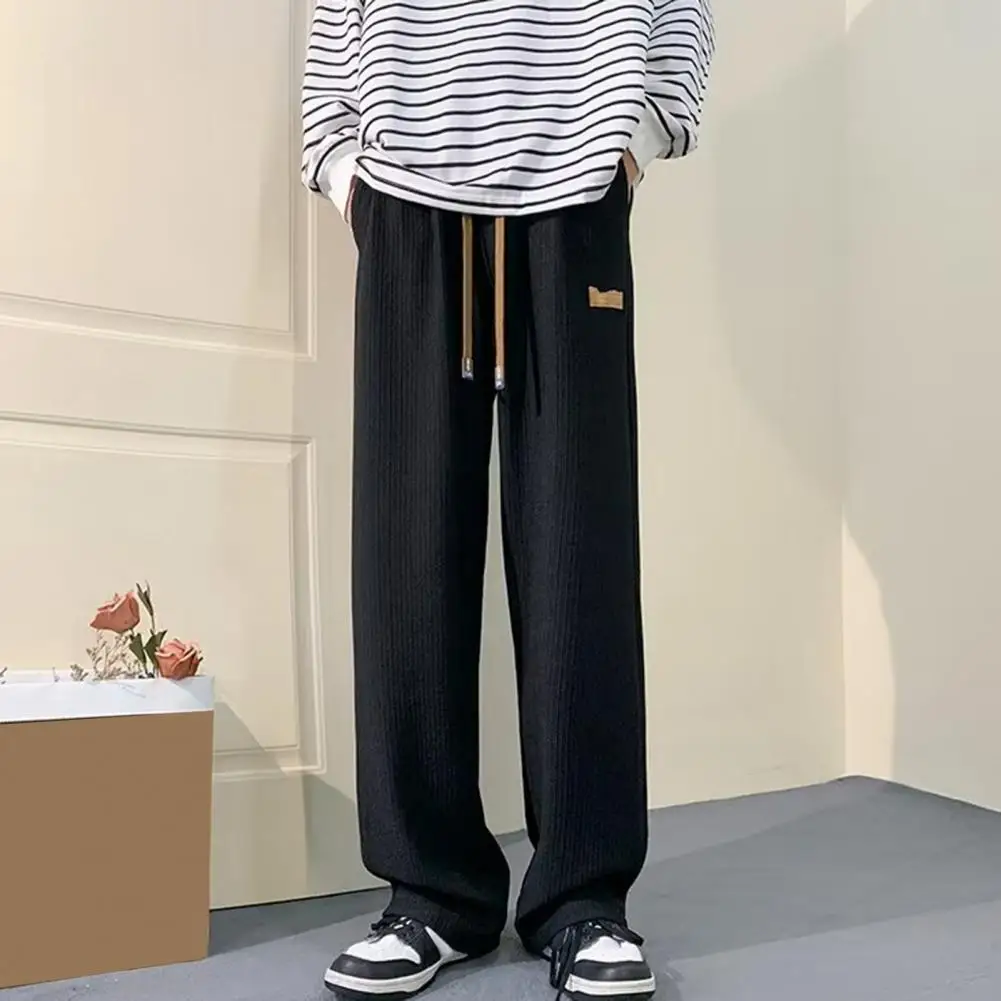 

Straight Leg Trousers Loose Fit Pants Japanese Style Wide Leg Men's Sweatpants with Side Pockets Drawstring Elastic for Jogging