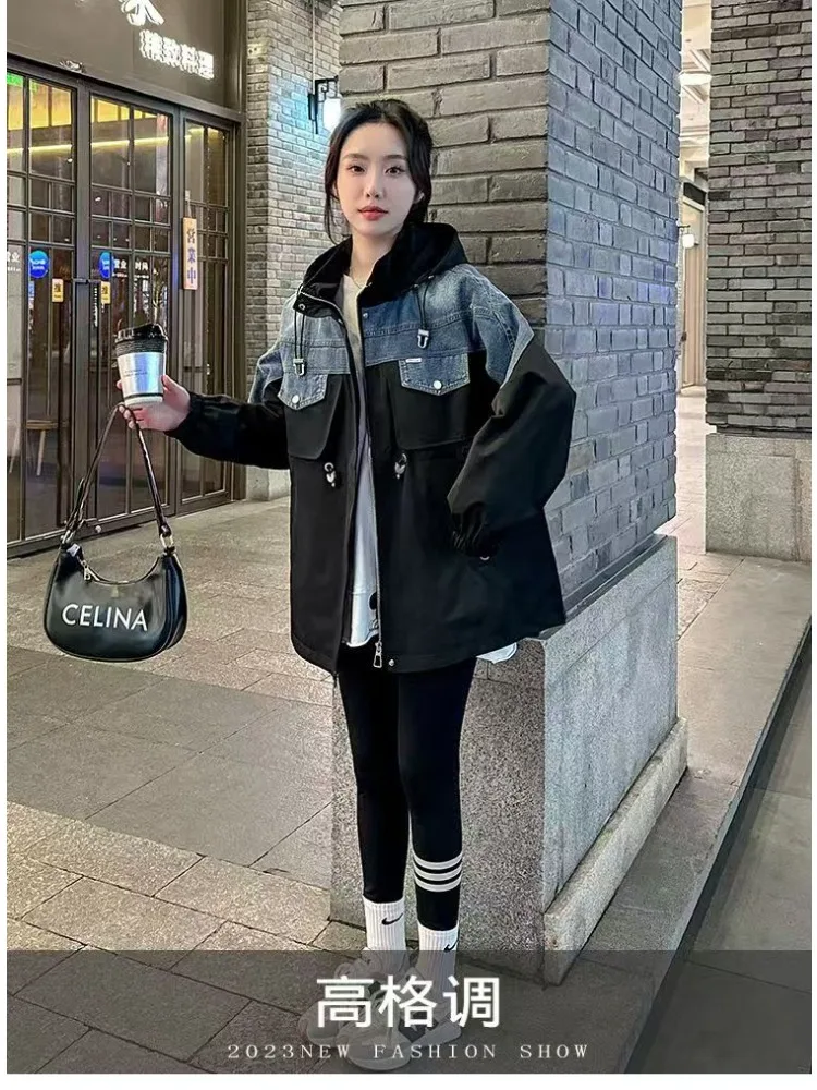 Denim Patchwork Windbreaker Jacket Women Spring Autumn Fashion False Two Pieces Coat Casual Fashionable Medium-length Tops Trend