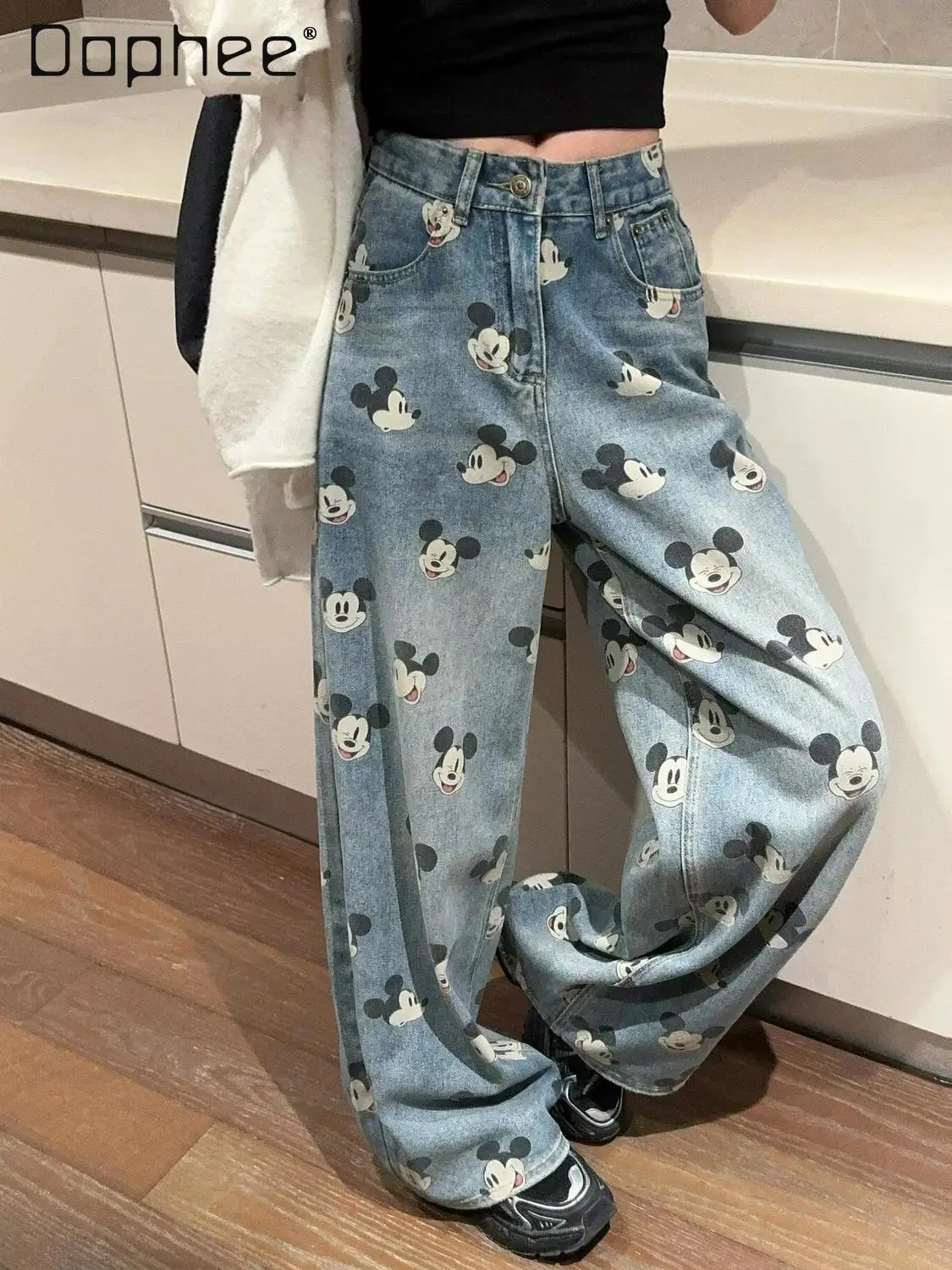 

Cartoon Printed Jeans Women's Straight Loose Wide-leg Pendant Trousers Street Hipster Baggy Pants High Waisted Jeans 4XL