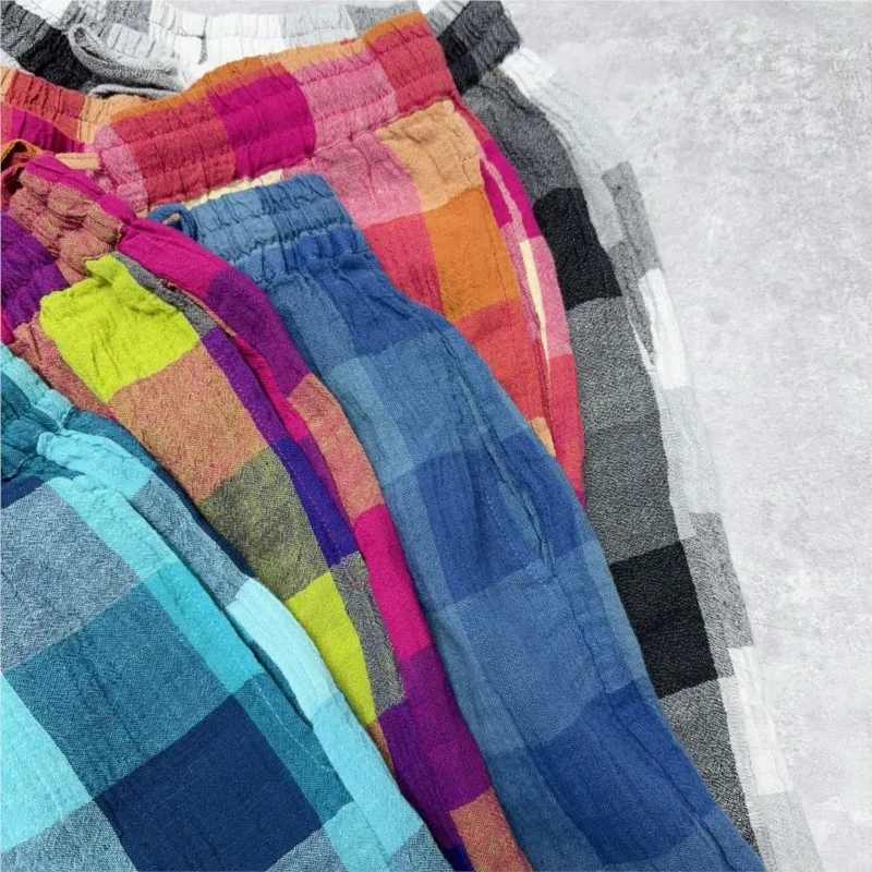 Johnature Pantaloncini da donna in lino tinto in filo nuovo estivo casual 2025 Pantaloncini da casa per le vacanze con cravatta allentata multicolore in vita elastica semplice