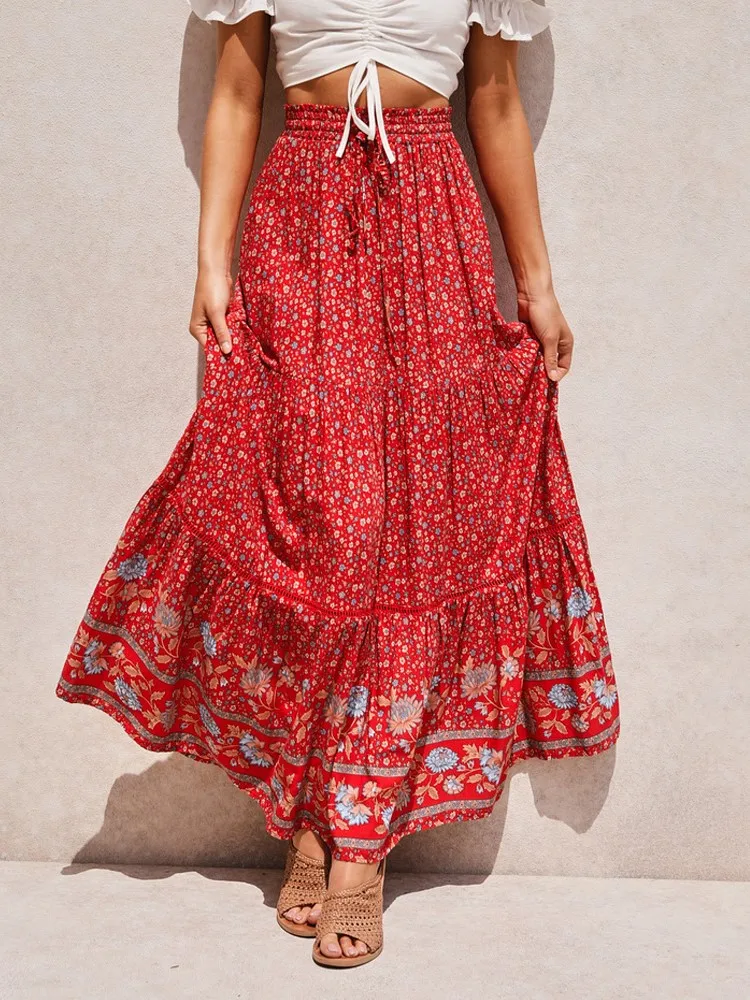 

Винтажная пляжная плиссированная юбка в стиле бохо с цветочным принтом для женщин, летняя модная хлопковая макси-юбка с высокой талией, женская пляжная юбка
