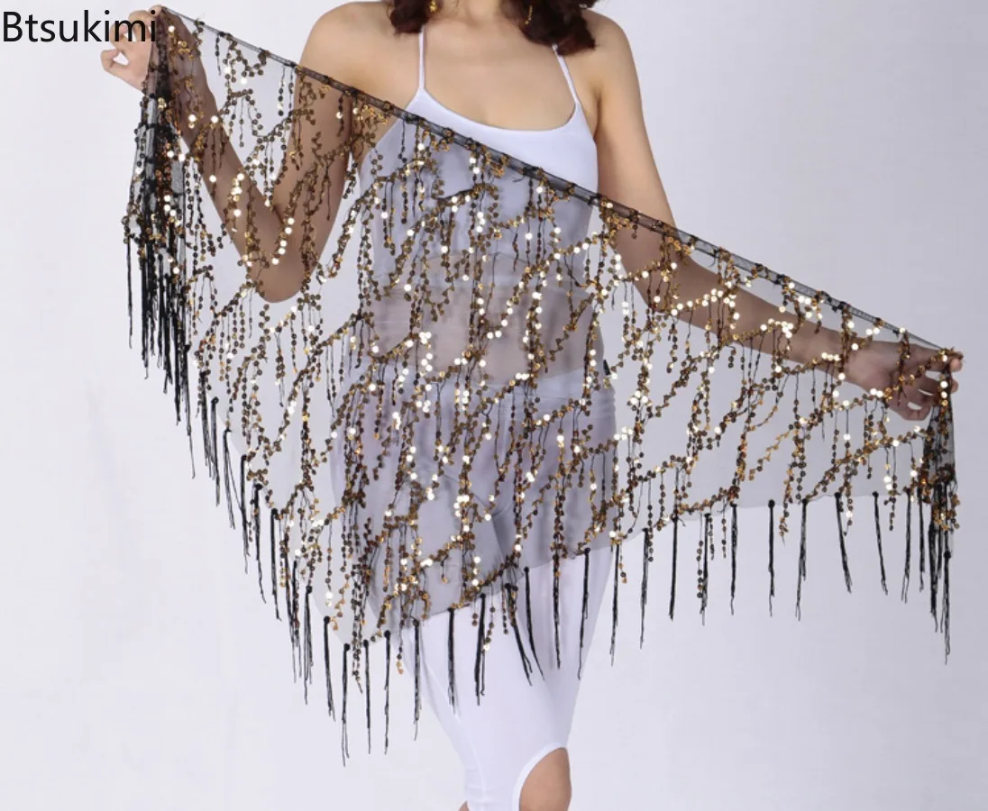 2025 Vrouwen Buikdans Kostuums Nieuwe Bling Pailletten Kwastje Driehoek Sjaal Taille Keten Indiase Buikdans Riemen Dansen Hip Sjaals