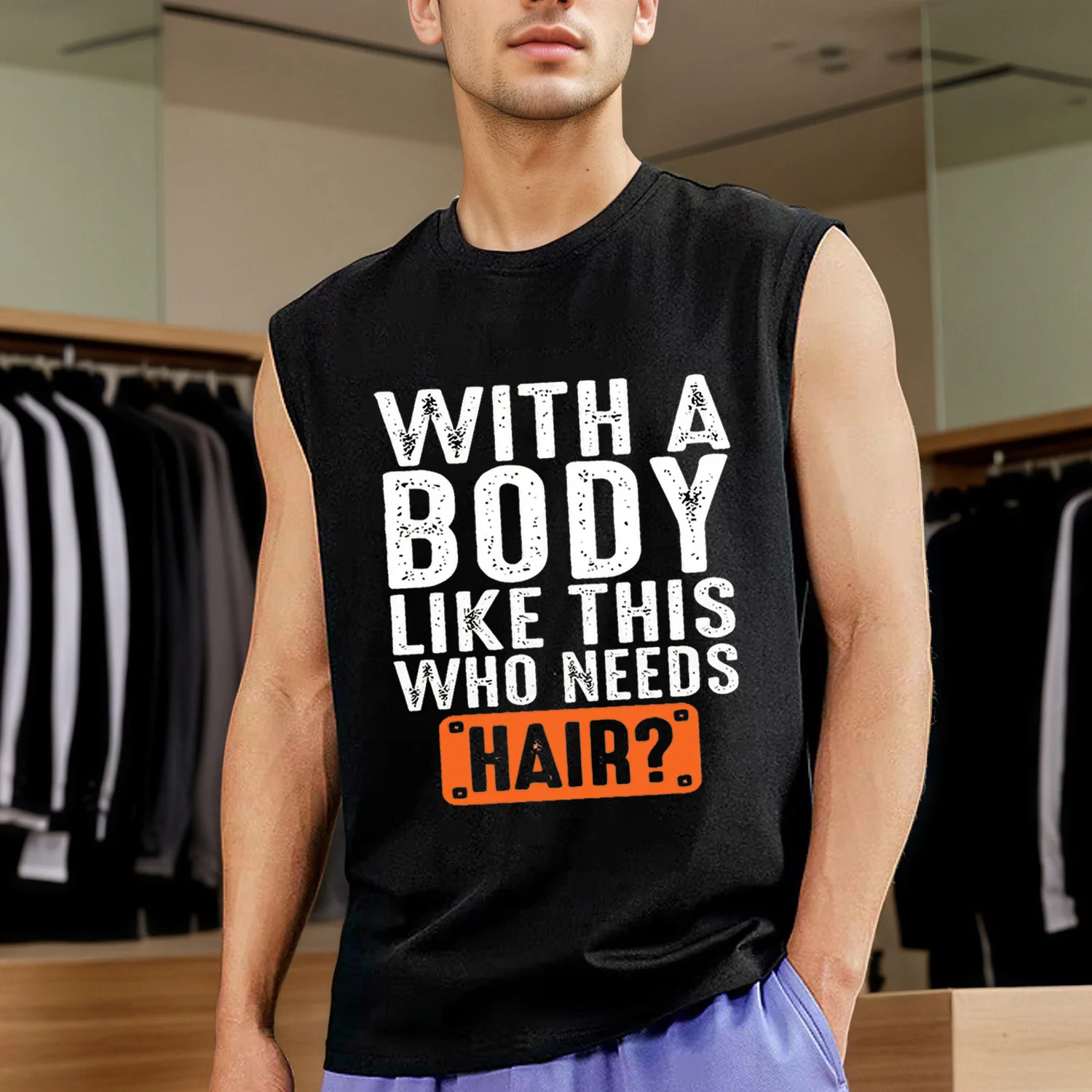 

”WITH A BODY LIKE THIS WHO NEEDSHAIR "Tank Top - Classic Men's Gym Workout Sleeveless Top - Fun Fitness T-Shirt" Men Clothing