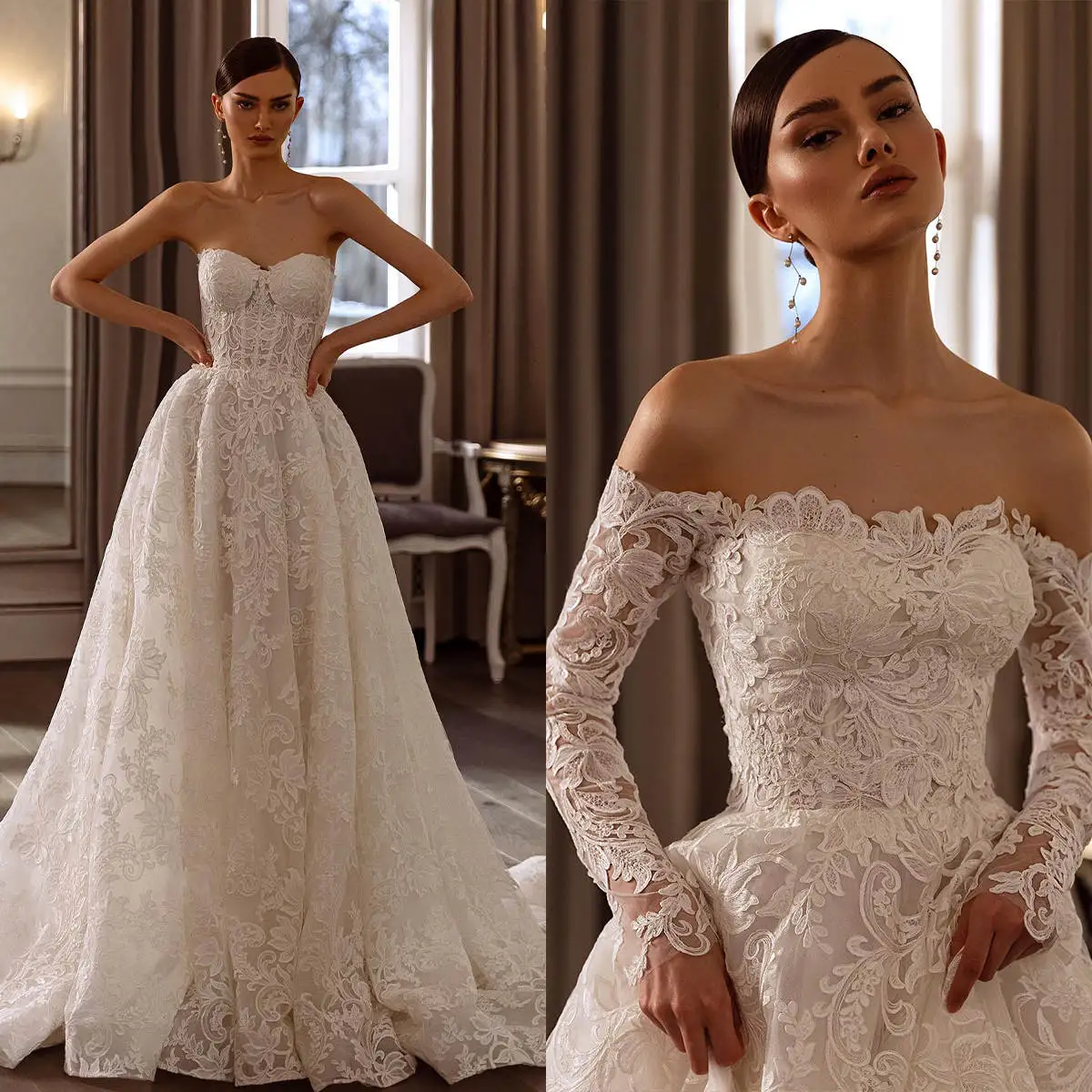 

Classic A Line Wedding Dress Appliques Lace Off Shoulder Long Sleeve Bride Gowns Draped Sweep Train Bridal Dresses Custom Made