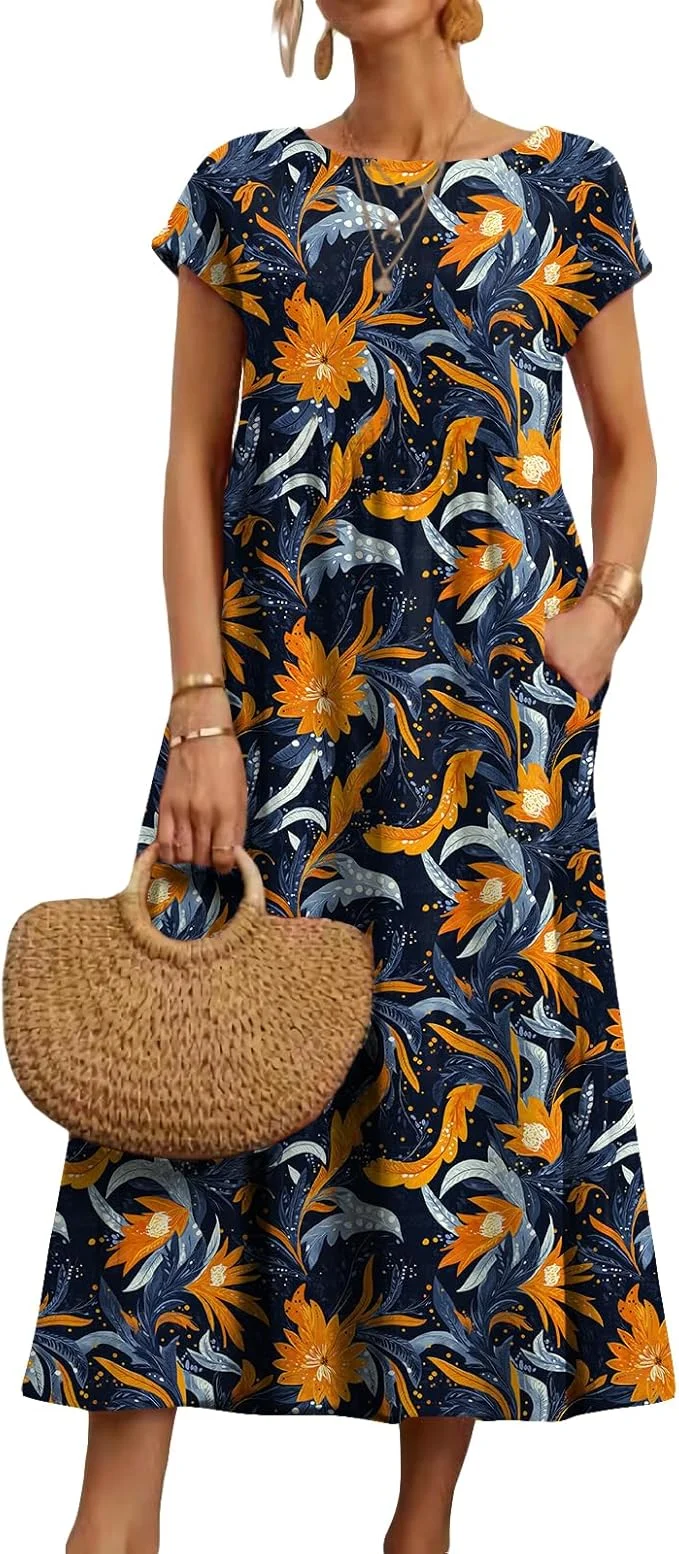 Robe mi-longue à fleurs style Boho pour femmes, vacances d'été, décontractée, fluide, plissée, manches courtes, t-shirt longue avec poches