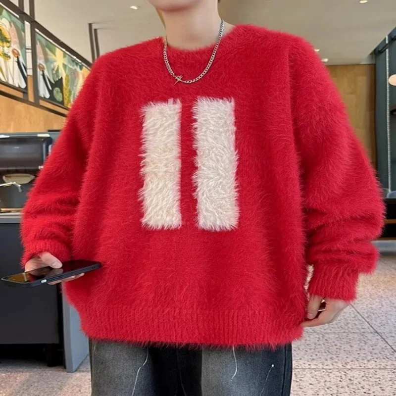 Suéter jacquard adolescente imitação de lã de vison, novo estilo para meninos no outono e inverno, base larga solta, malha