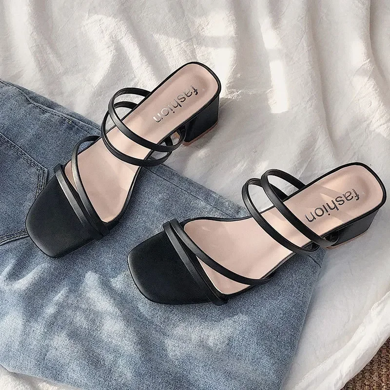 2025 Summer Women's Sandals Casual Female Slippers Fashion Sexy Female Shoes Square Heel Open Toe Ankle Strap Sandals Sandalias