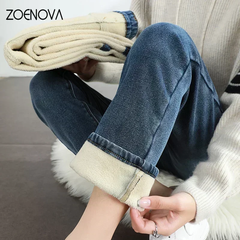 ZOENOVA-جينز نسائي شتوي دافئ من الصوف ، بنطلون دينيم عتيق ، نحيل ، مستقيم ، مرن ، قطن ، سميك ، ملابس نسائية ، موضة