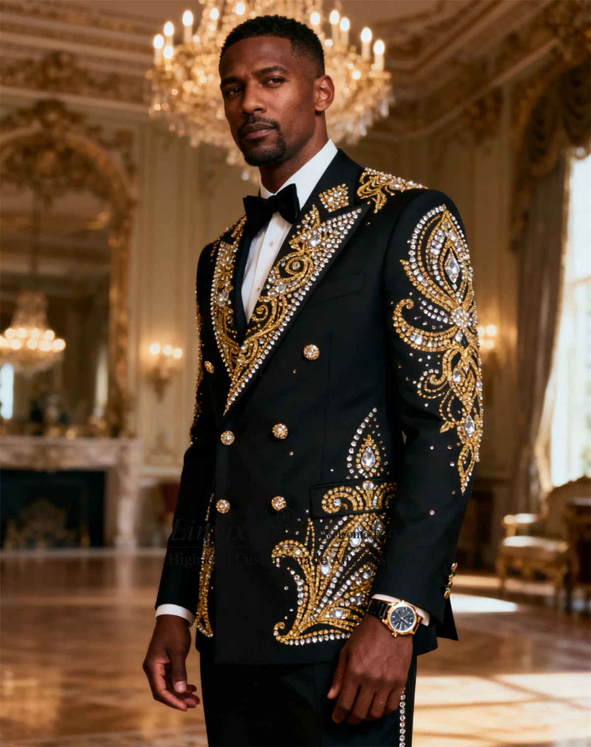 

Luxury Metallic Jewelry Ornament Men Suits 2 Pieces Sets Wedding Groom Male Prom Blazer Customized Double Breast Ternos Completo