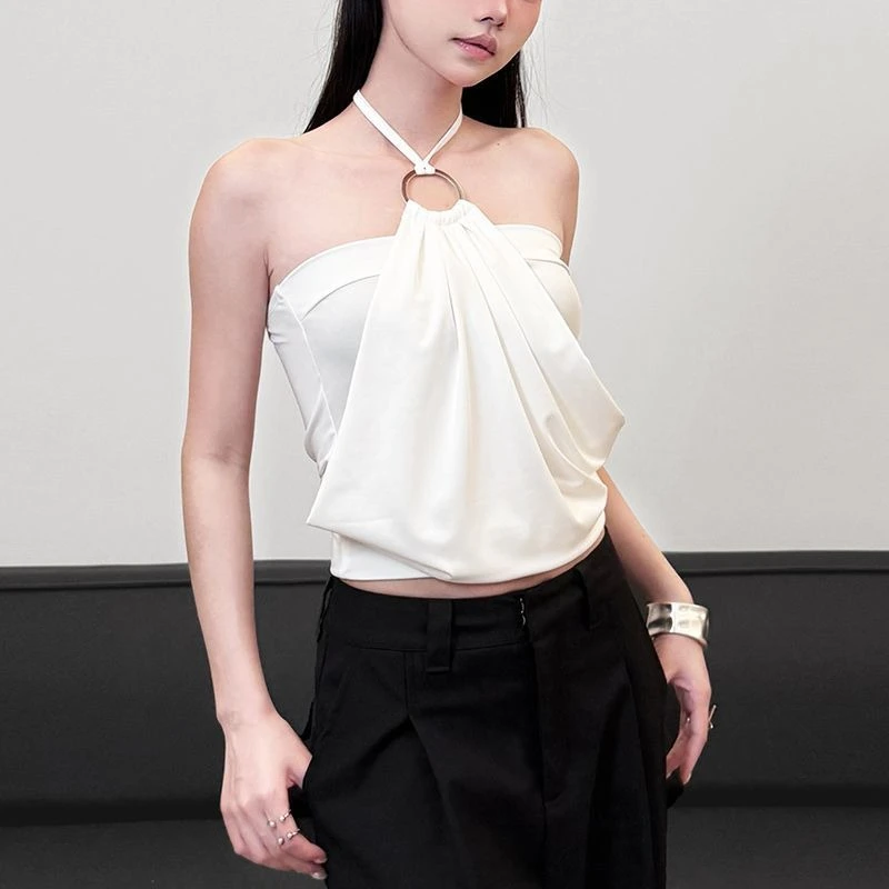 

2025 Summer Sexy Spice Girl Retro Pleated Design Slim High Waist Neck Vest