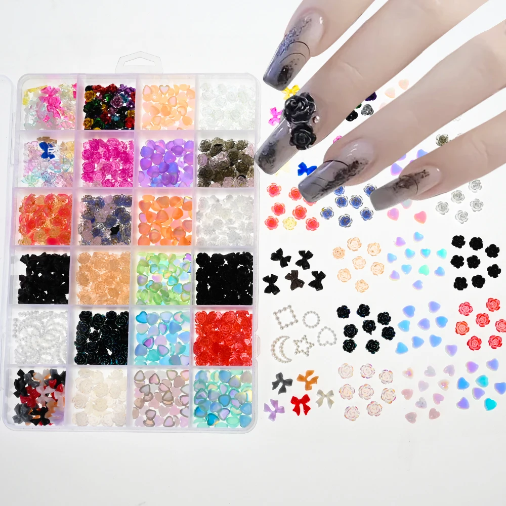 

24Grids Mixed Camellia Flower Nail Charms 3D Resin Bow/Flower/Heart Jewelry Press on Nails DIY Aurora Rhinestones Manicure Parts