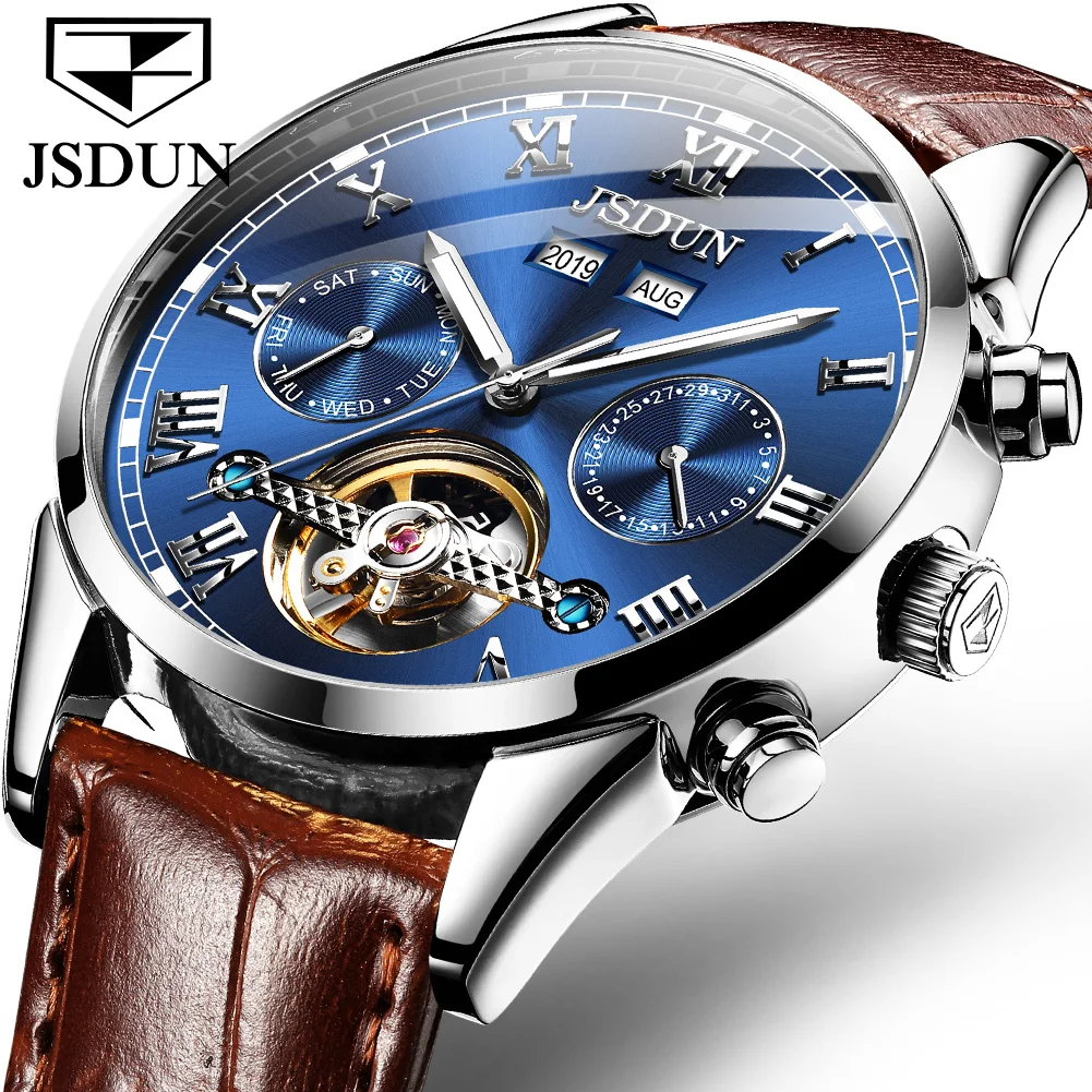 JSDUN 8908 Mens Watch Leather Strap Original Business Multifunctional Mechanical Belt Watch﻿ Waterproof Watches For Man Gifts