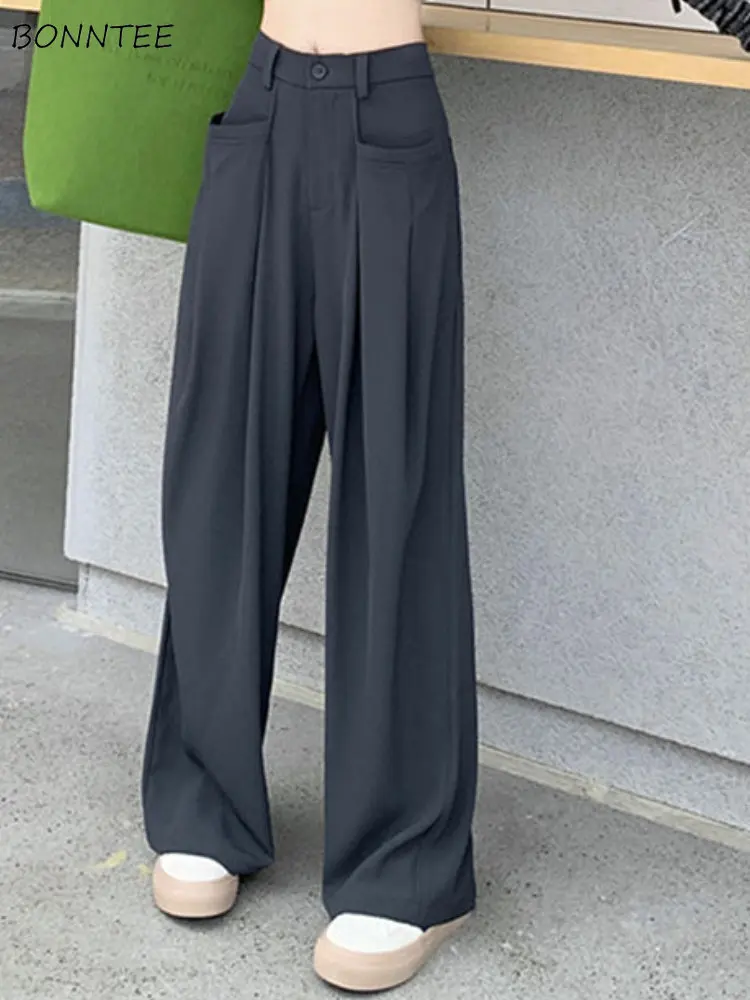 S-4XL Pants Women Simple Leisure Wide Leg Streetwear Chic Solid Loose All-match Ulzzang Floor Length Office Casual Folds Classic