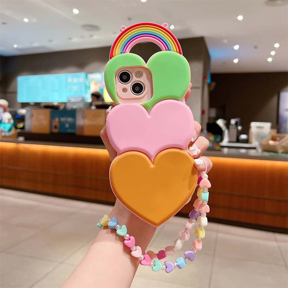 Cute Stacked Colorful Heart Rainbow Chain Phone Case for S26 Ultra Crossbody Strap Silicone Cover for SamSung Galaxy S25 S24 A57