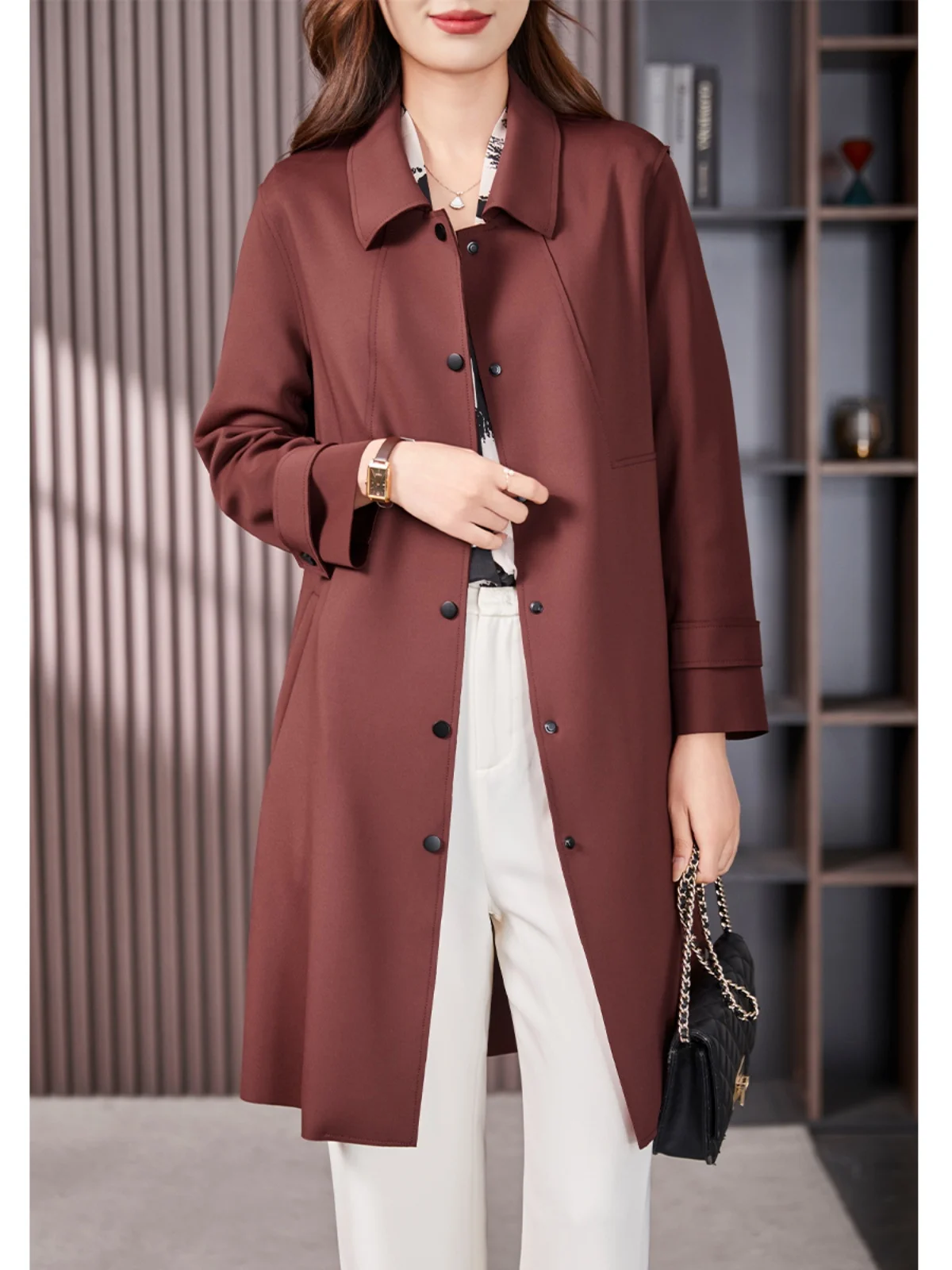 

Briti Sle Angora Red Women's Coat Spring Autumn New Faion Versatile Aosphere Coat Polyester Fiber Long Sve Mid-Length